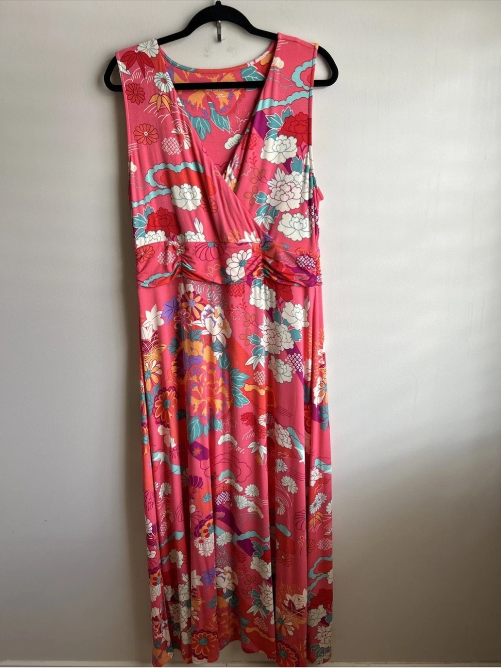 SOFT SURROUNDINGS PINK MULTI COLOR FLORAL SLEEVELESS PULLOVER MAXI DRESS SZ L